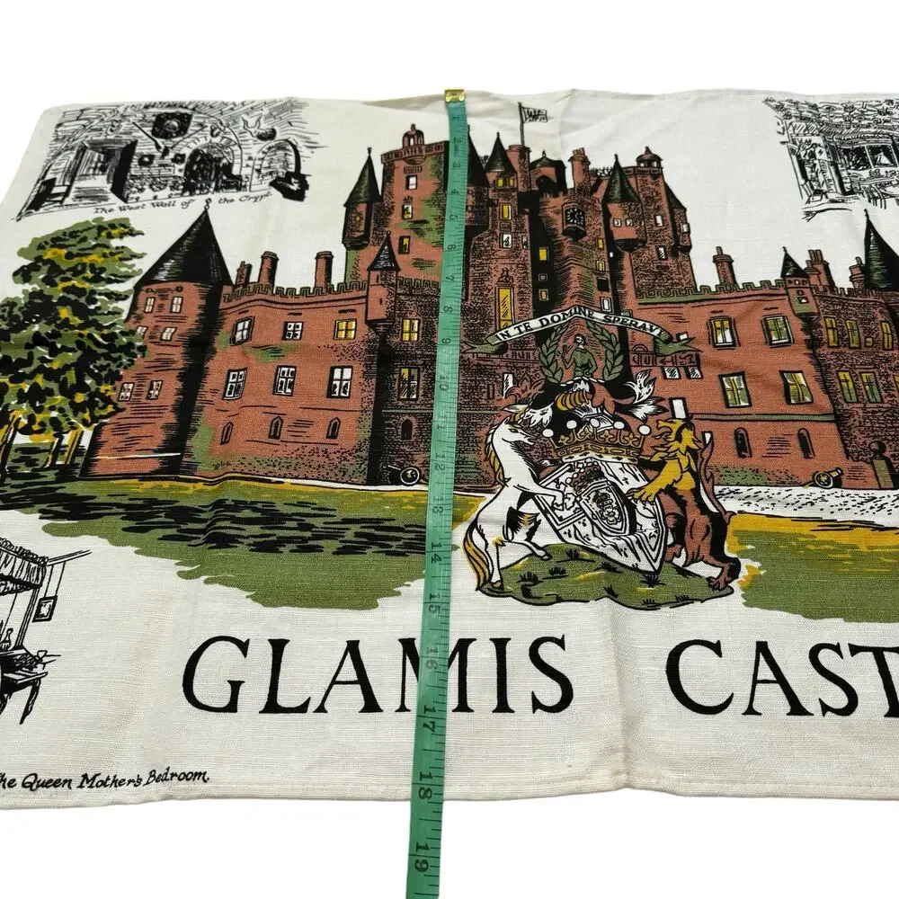 Vintage Glamis Castle Scotland Tea Towel Dishcloth UK Linen Union Brown Green